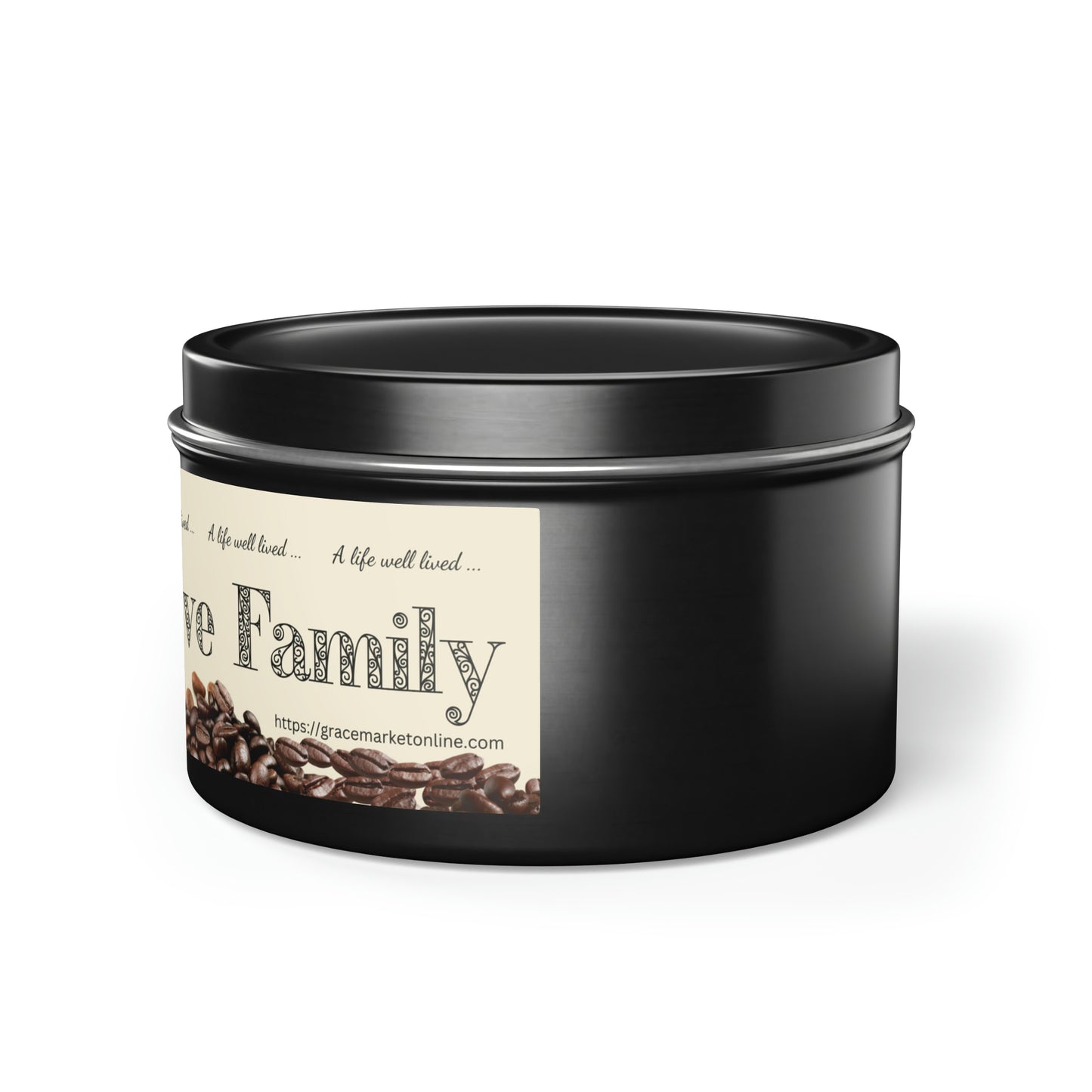 The side of a short black tin has an ivory label on it with coffee beans along the bottom of it and you can see the word Family in large letters.