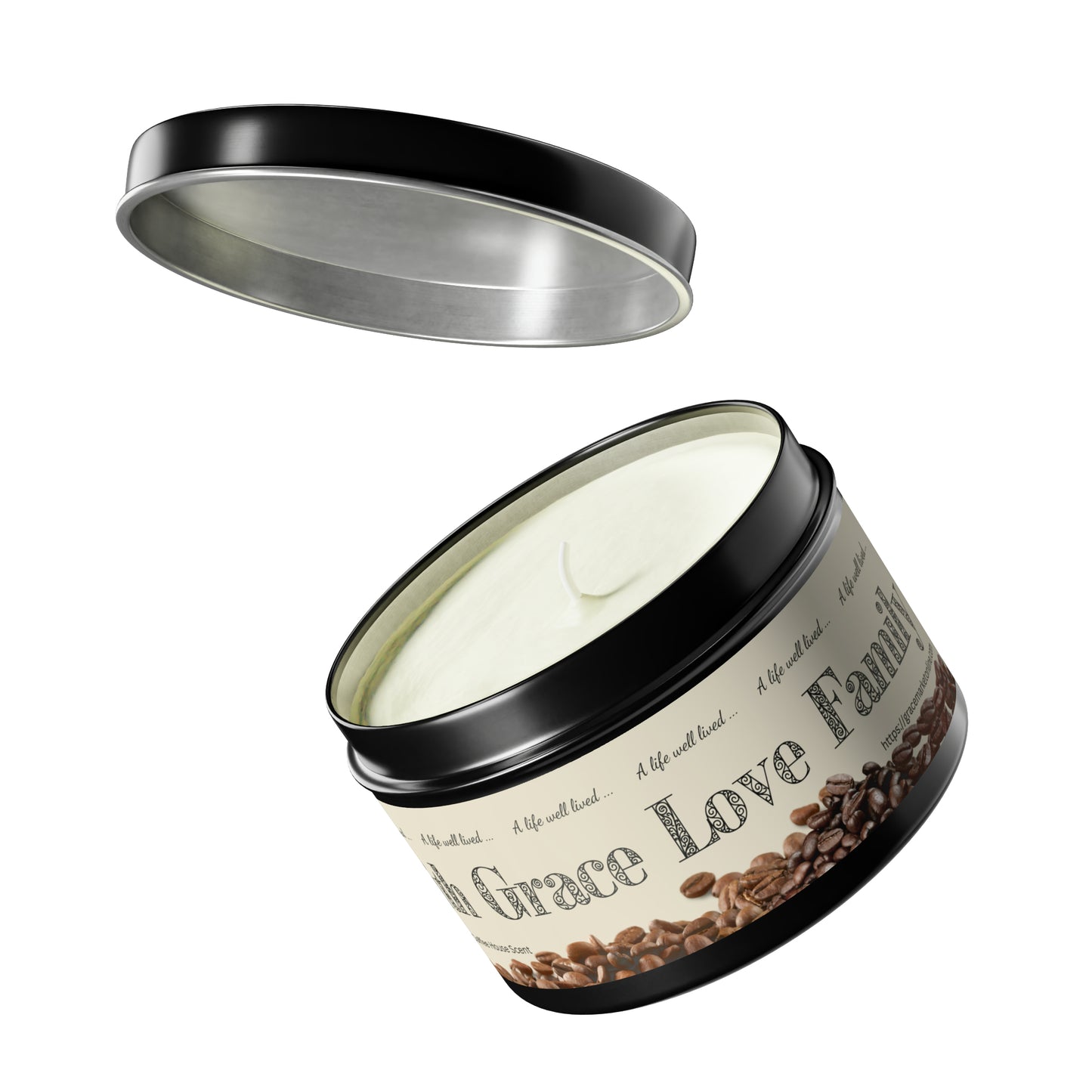 An image of a candle in a black tin sort of suspended with the lid also suspended above it on an angle and the tin has an ivory label around it with coffee beans along the bottom and the words Grace Love Family prominent across the middle.