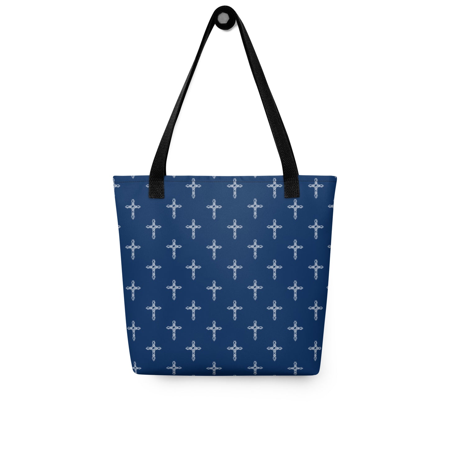 Navy blue tote bag or purse with black handles hanging on a black hook.