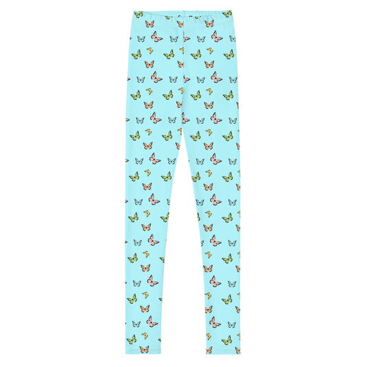 Light aqua leggings with light green, light blue, pink, and small yellow butterflies all over them on a white background.