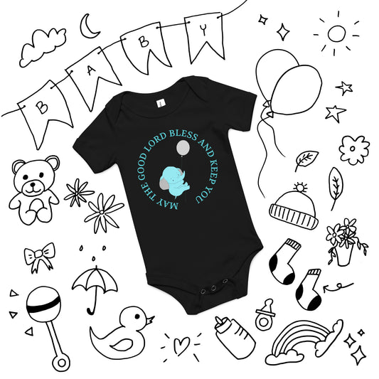 Black short-sleeved baby onesie with aqua lettering in a circle that says May the Good Lord Bless and Keep You with an aqua elephant holding onto a balloon in the center. The onesie is on a white background with baby doodles all over it.