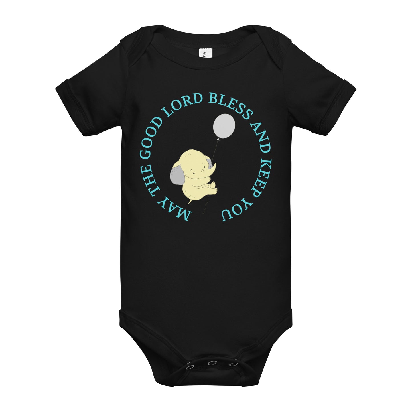 Black onesie shown laying flat so you can see it has short sleeves, snaps at the crotch, says May the Good Lord Bless and Keep You in aqua print, and there is a yellow baby elephant looking down and holding onto a balloon as he floats through the air in the middle.