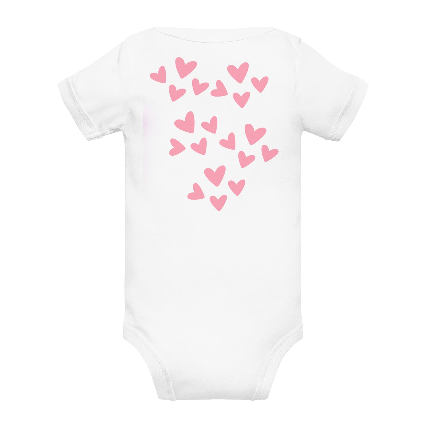 A white onesie is laid out on a white background so it is face down and we are seeing the back of the white short-sleeved one piece bodysuit adorned with pink hearts.