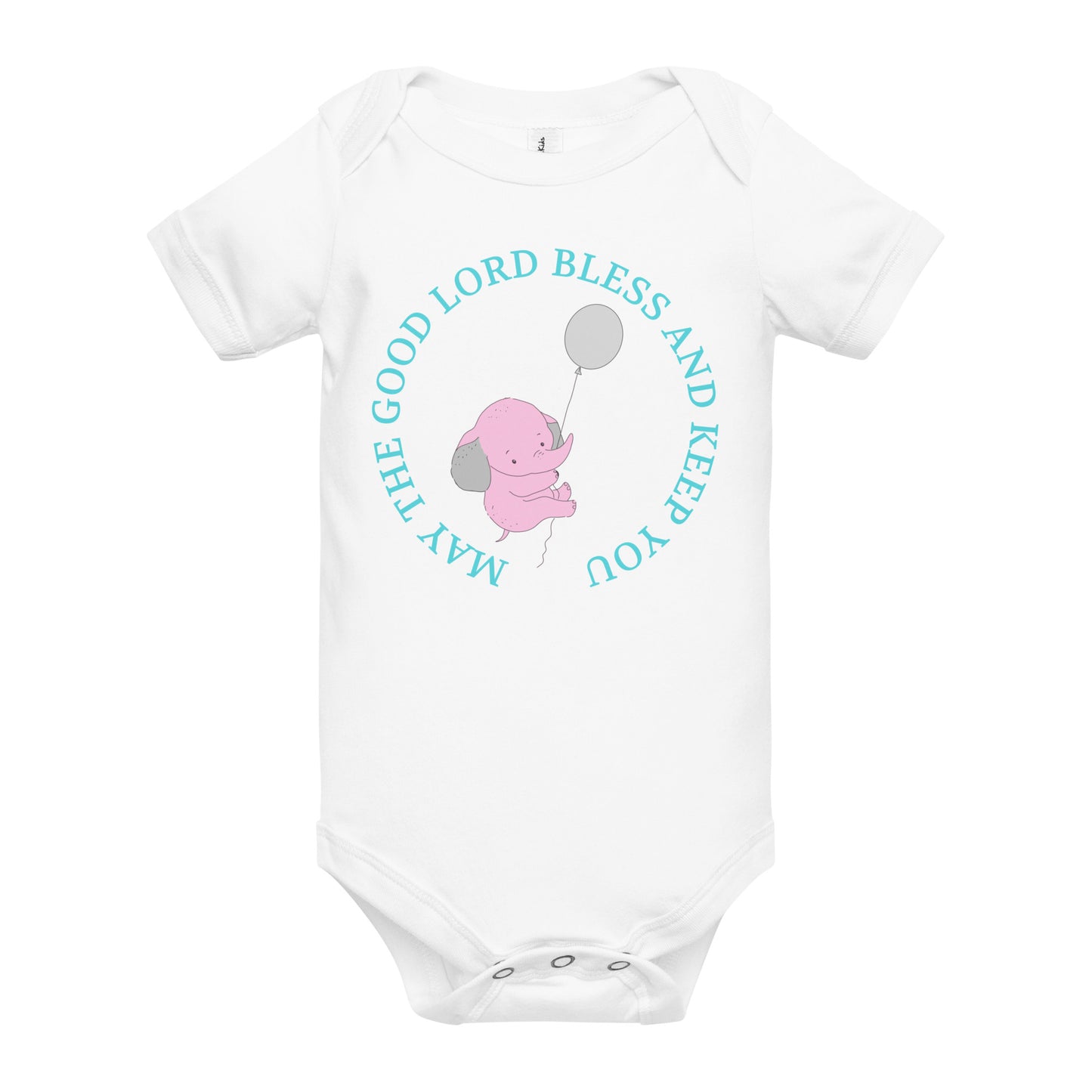 A baby one-piece white suit or onesie with short sleeves and a snap crotch with a design on the front of words that make a circle, saying "May the Good Lord Bless and Keep You" and inside the words is a pink baby elephant hanging onto the string of a balloon that is floating away.