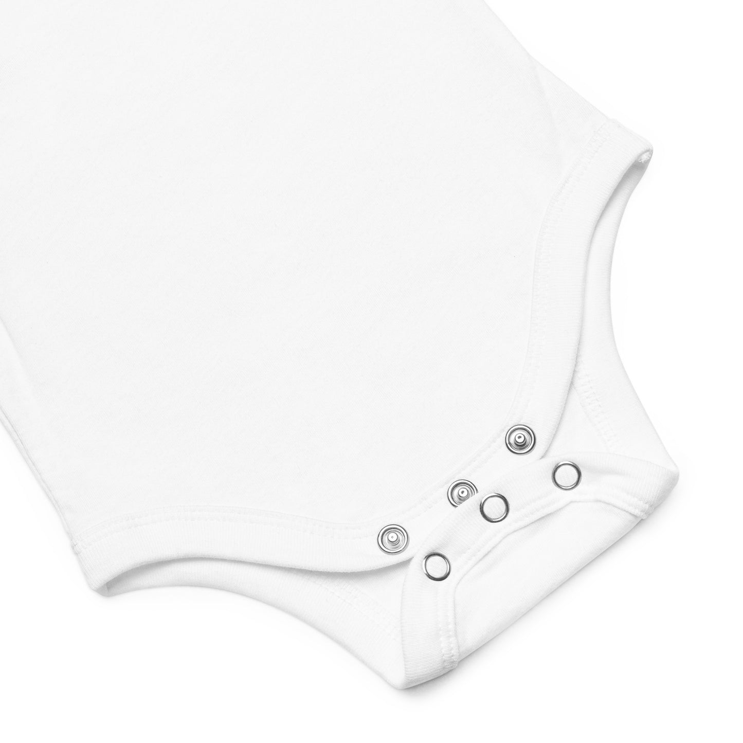 Lower half of white onesie shows three silver snap closures at the bottom.