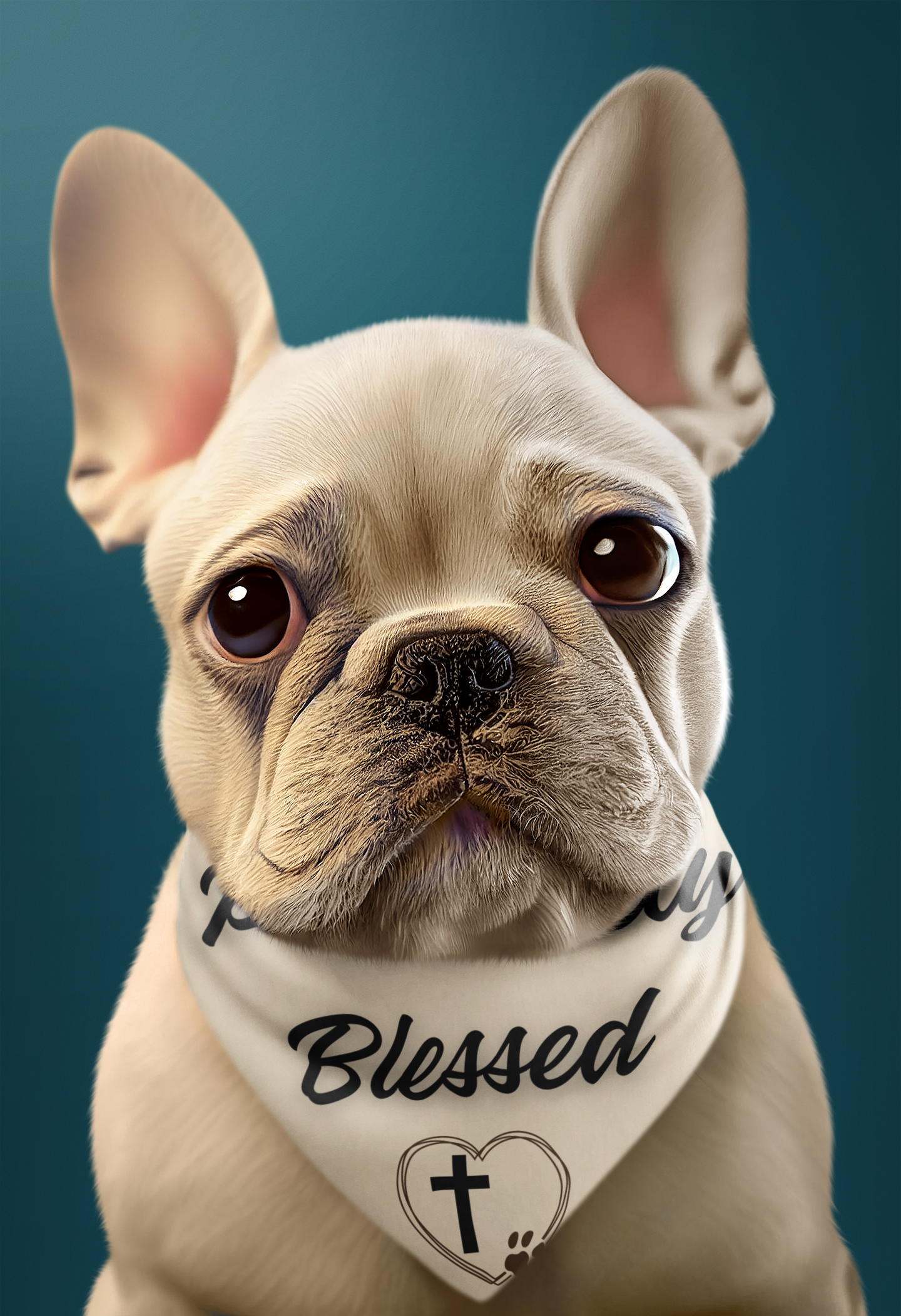 The face and torso of a light tan bulldog with big brown eyes and perked ears on a blue background, and the dog is wearing a tan bandana and you can see some words aren't visible, but you can read the word Blessed and see a heart with cross in it and part of a paw print on the bandana.