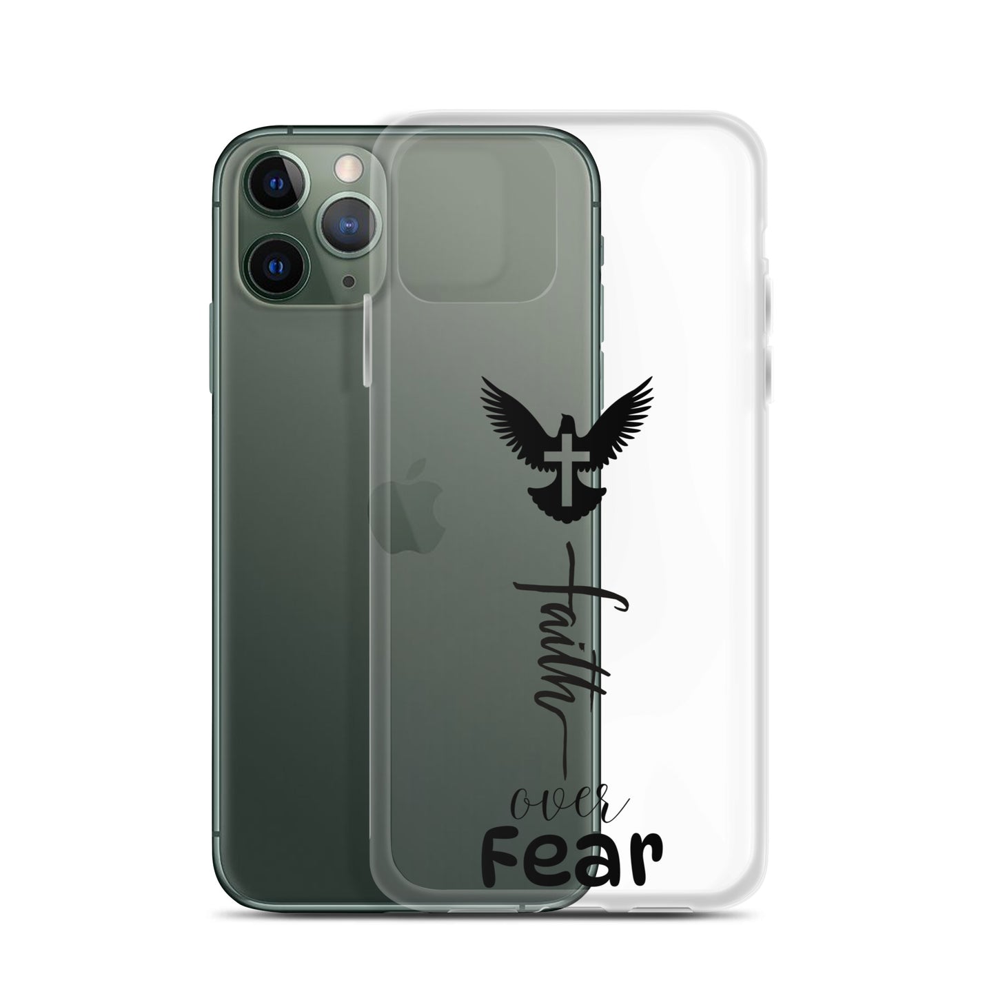 A green or dark gray iphone with a clear iphone case halfway on it showing the words "Faith over fear" on it, with a dove in flight and a cross on top of it over the words.