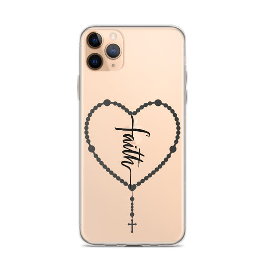 Clear cell phone case on a gold iphone and the clear cover has a design on it of a rosary with the word faith in the middle in a fancy font