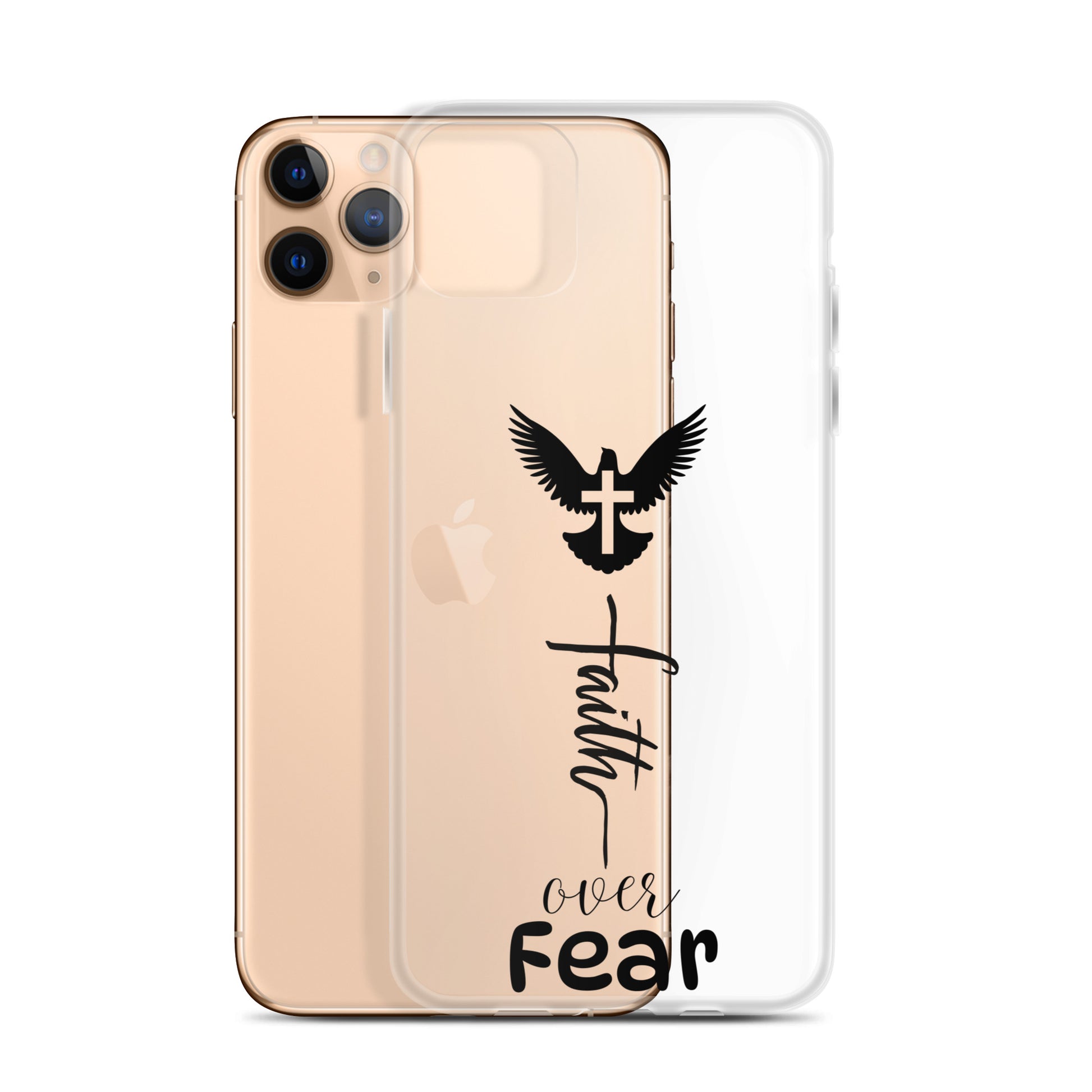 Clear iphone cell phone cover half on a gold iphone and the case has a dove with a cross on the top and the words faith over fear on it.