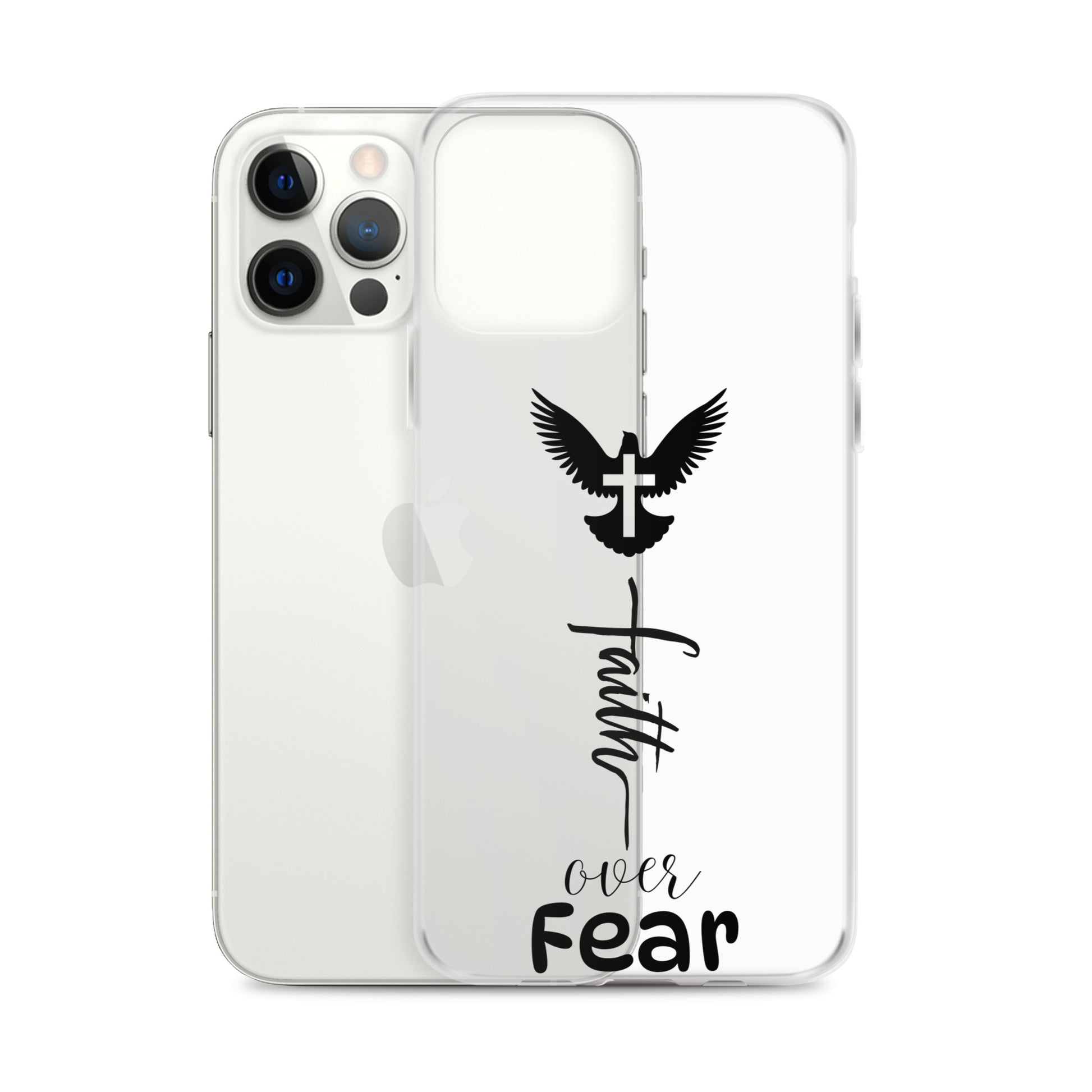 Clear iphone cell phone cover says faith over fear with a dove and cross above it, halfway on a white iphone.