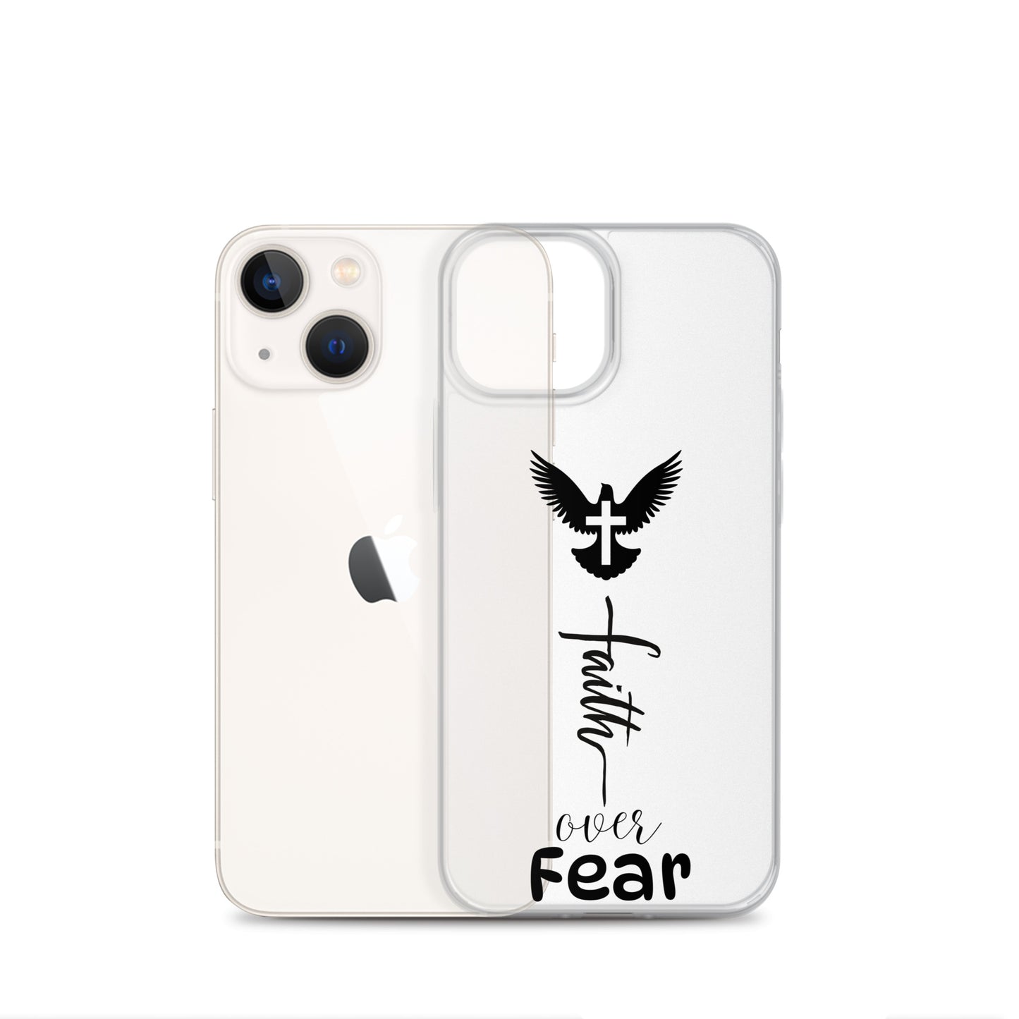 Clear iphone case says Faith over Fear and has a dove in flight with a cross on its back above it on the case, halfway on a white iphone.