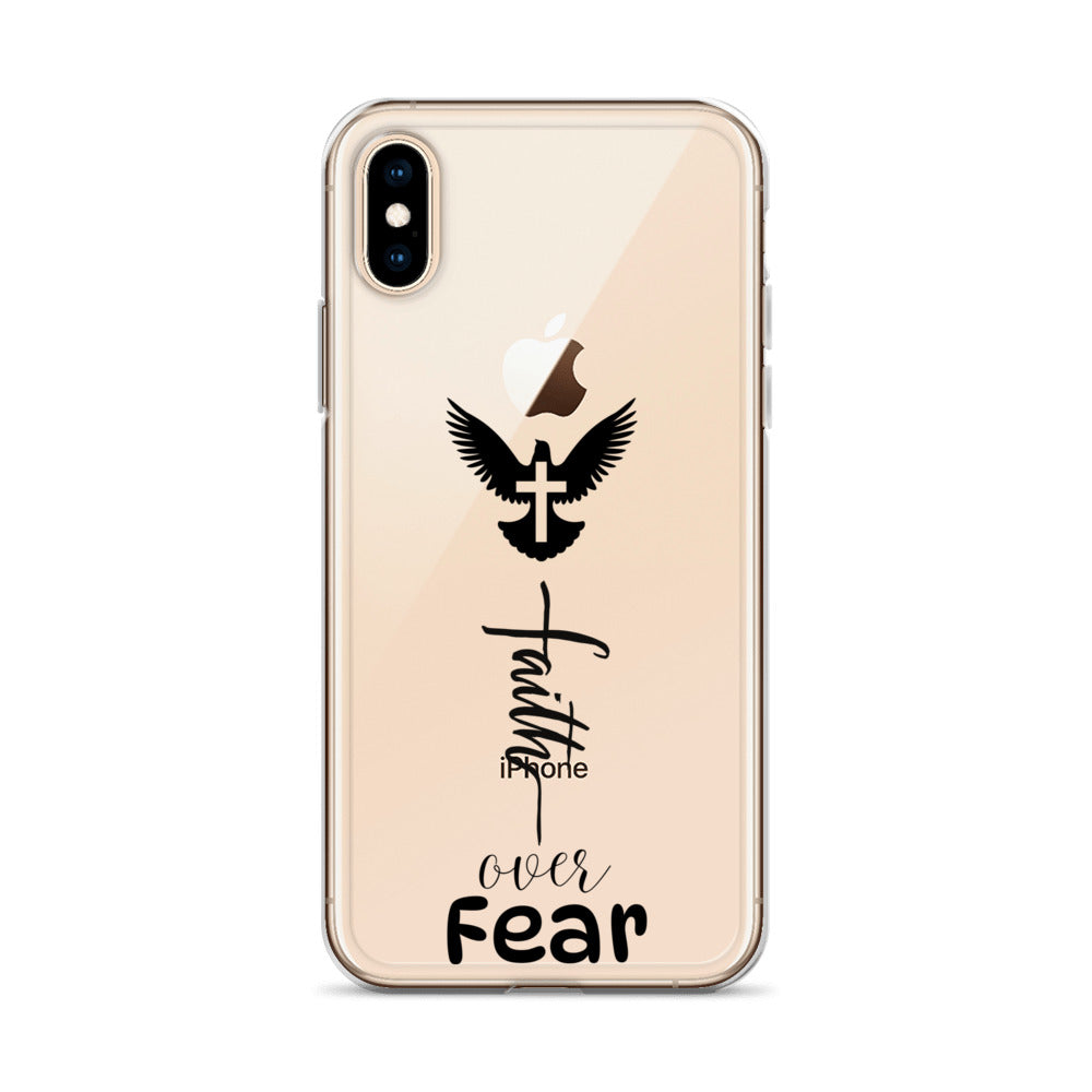 Gold iphone with a clear case on it that reads:  Faith over Fear in different fancy fonts over which there is a graphic of a dove in flight with a cross on it.