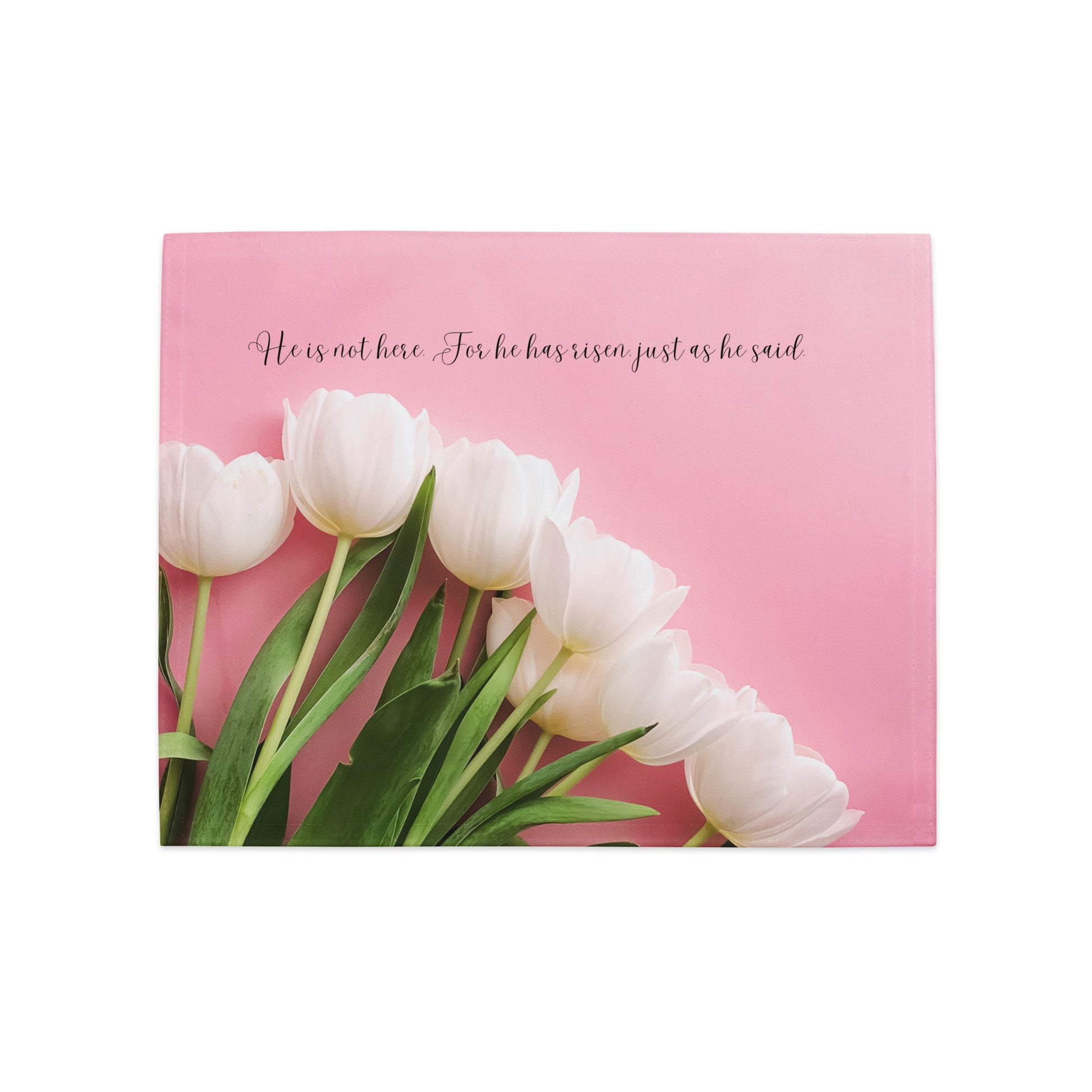 Single pink fabric placemat with white tulips on it and Easter message.