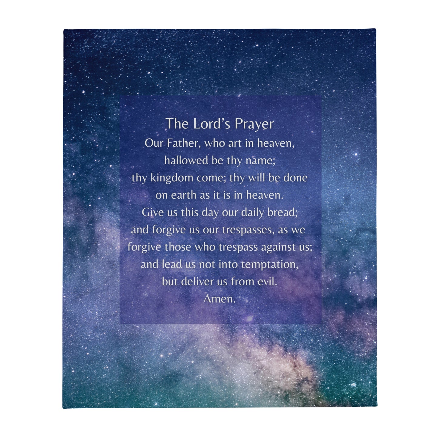 Starry sky throw blanket with The Lord's Prayer printed on top of it