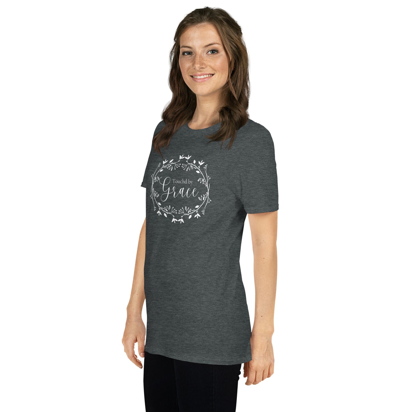 Touched by Grace in white floral wreath - Short-Sleeve Unisex Christian T-Shirt in sizes S-3XL