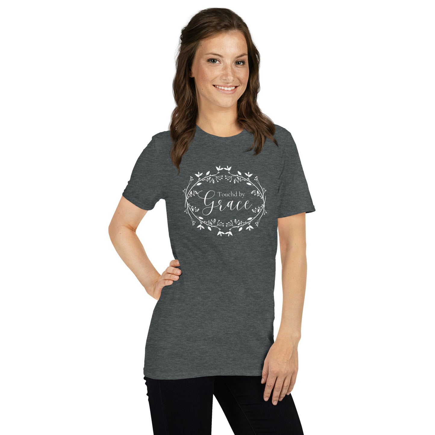 Touched by Grace in white floral wreath - Short-Sleeve Unisex Christian T-Shirt in sizes S-3XL