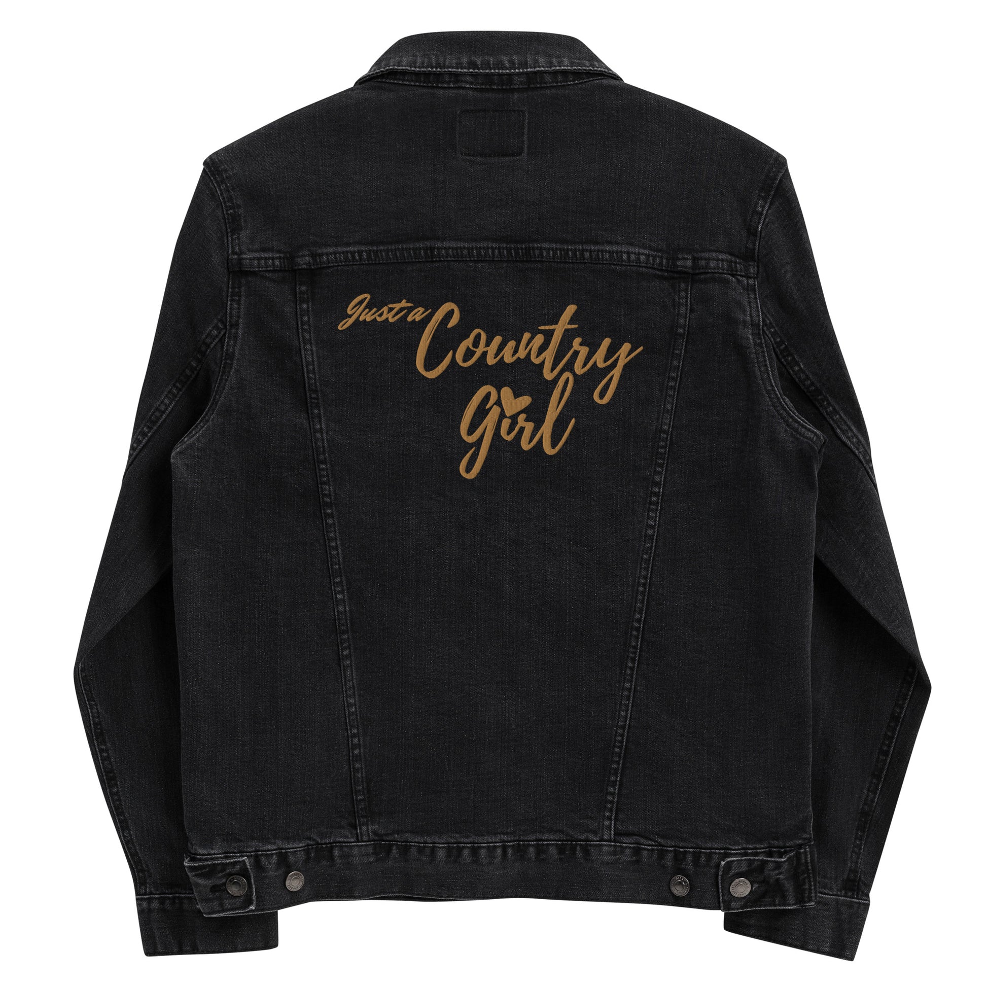 Back view of a black denim jacket embroidered across the back with the words Just a Country Girl.