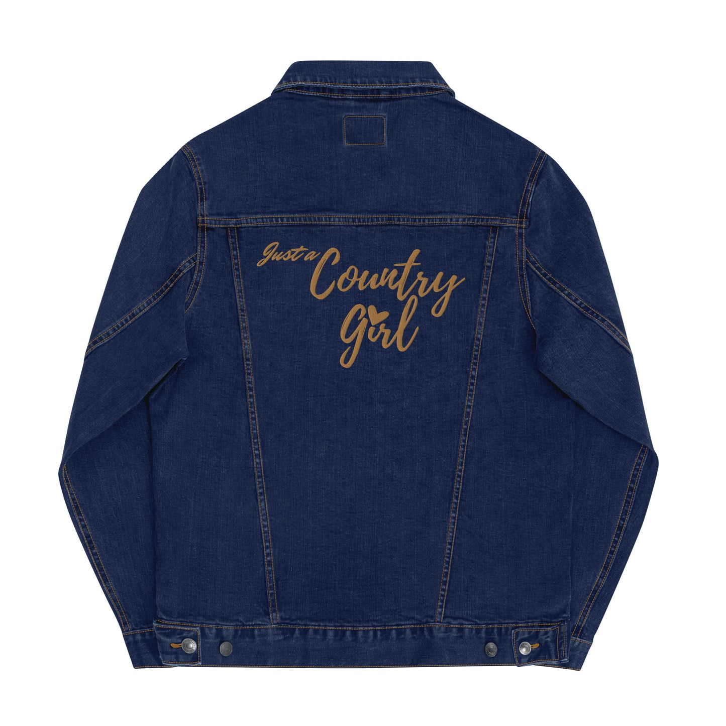 Back view of a blue denim jean jacket embroidered in gold thread with the words Just a Country Girl and the dot for the i is a heart.