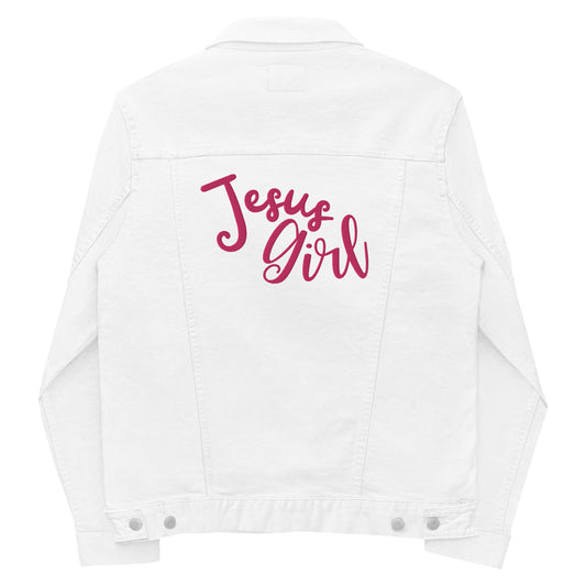 A back view of a white denim jean jacket with metal buttons at the lower hem and across the back in pink embroidered stitching in a fun script font it says:  Jesus Girl.