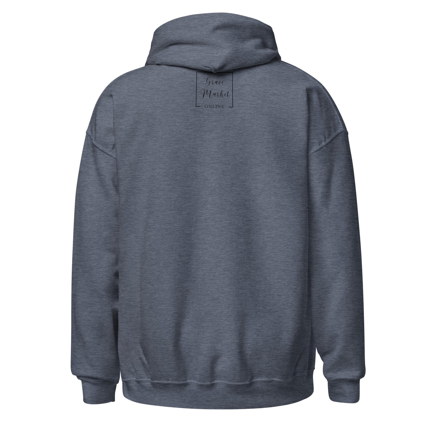 The back view of a gray hoodie with the brand Grace Market Online imprinted on it just below the neckline.