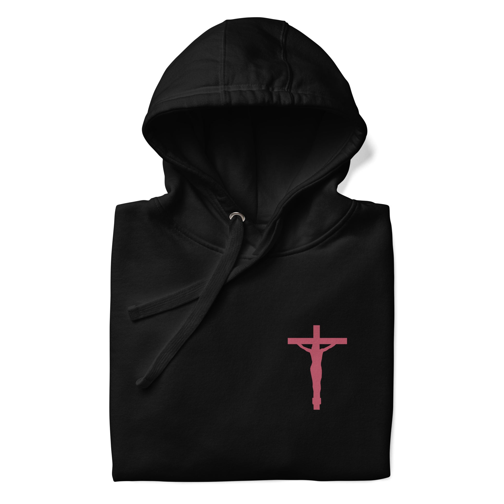 Close up of black hoodie shows the hood, a faded red crucifix on the front right chest area, and black drawstrings in the hood.