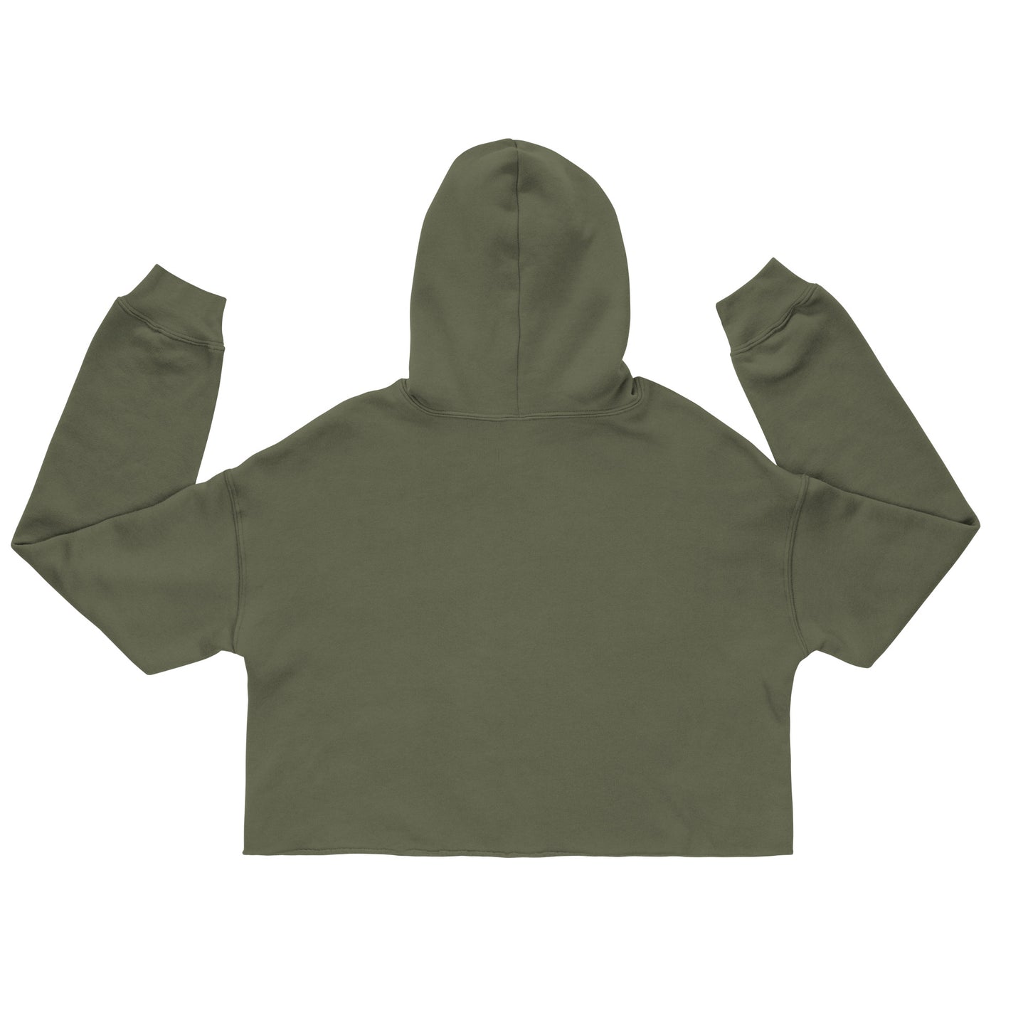 The back of a military green long sleeved cropped hooded sweatshirt shown displayed on a solid white background.