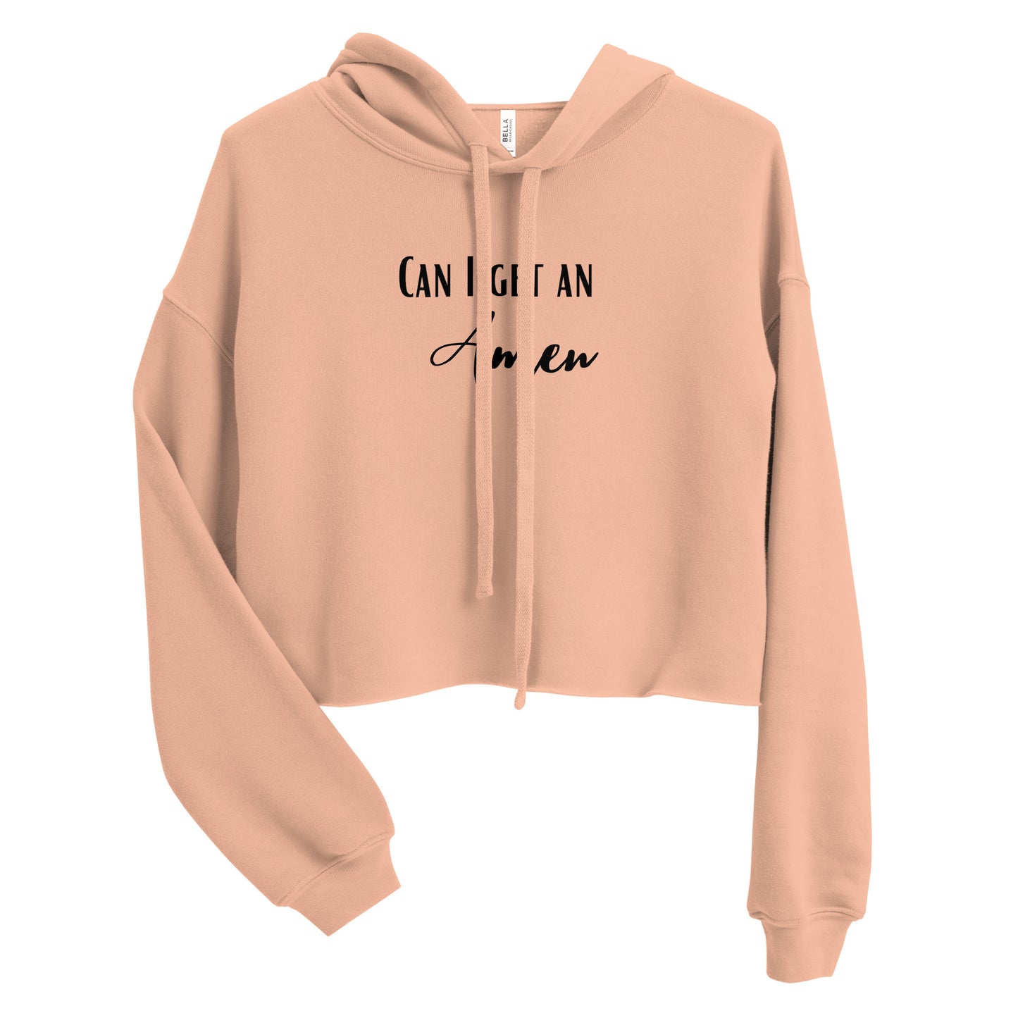 A short, mini or cropped hooded sweatshirt on a white background, with long sleeves, matching hood strings, and words in black partly blocked by the hood strings, but it reads:  Can I Get an Amen.