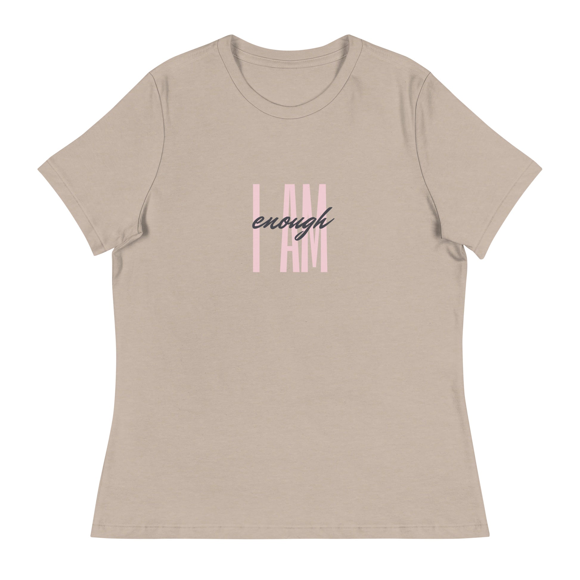 Khaki or tan colored short-sleeve woman's t-shirt with the words I AM in pink and ENOUGH in black on the front of the shirt.