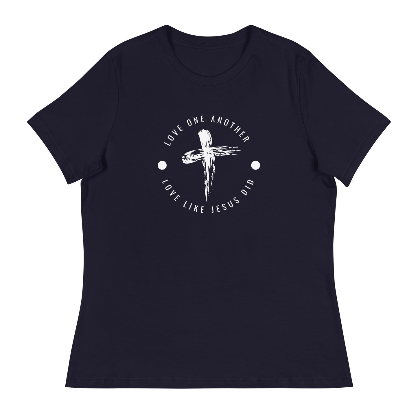 Woman's dark navy or black short-sleeved t-shirt on a white background and the front of the t-shirt says Love one another, love like Jesus did in a circle of text with a rustic cross in the center.