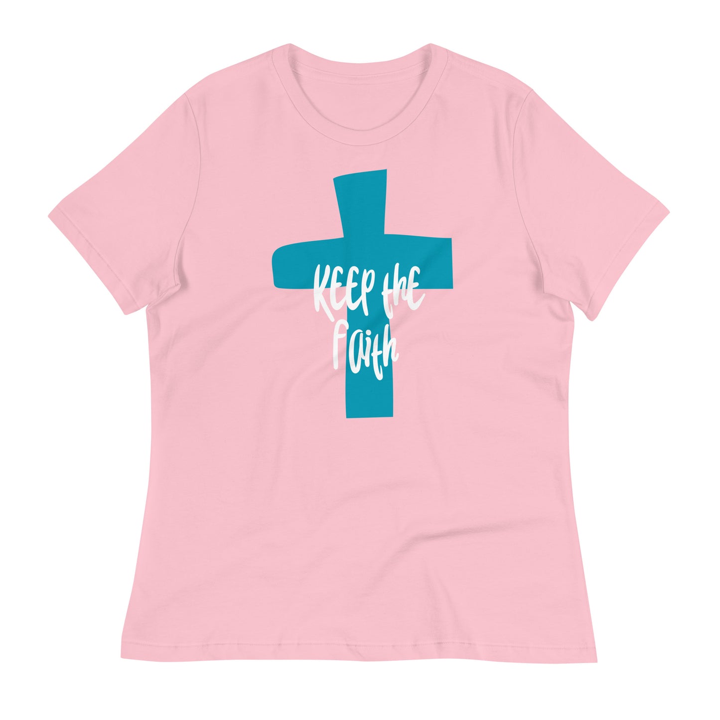 Light pink woman's t-shirt with short sleeves featuring a large dark aqua cross on the center chest area and the words "Keep the Faith" in white letters over top in a fun font.