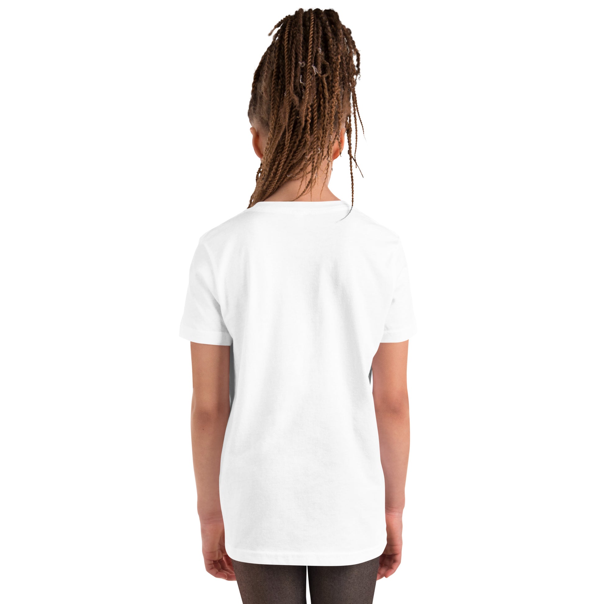 Back of a girl with mini braids in a pony tail wearing a white short-sleeved t-shirt on a white background.